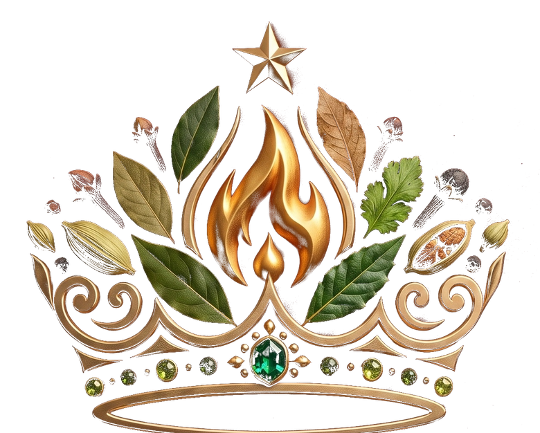 Rasa Raya crown emblem with a golden flame, bay leaves, whole spices and emerald gemstones