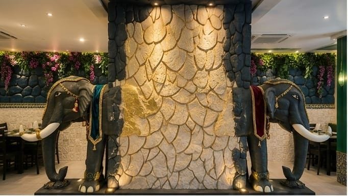 Two jewelled elephant statues flanking a gold-leaf stone wall at the Rasa Raya entrance