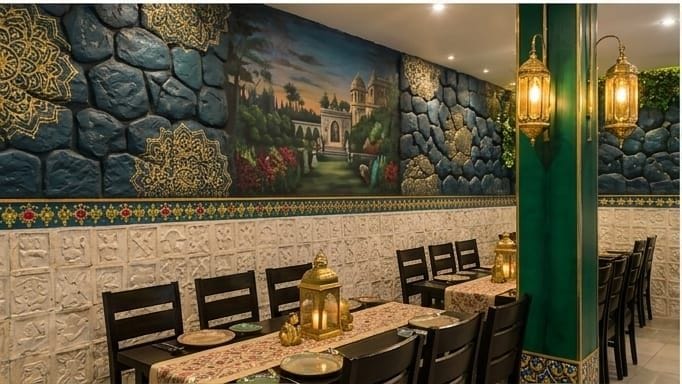 Dining tables beside a hand-painted palace garden mural and gold mandala stonework